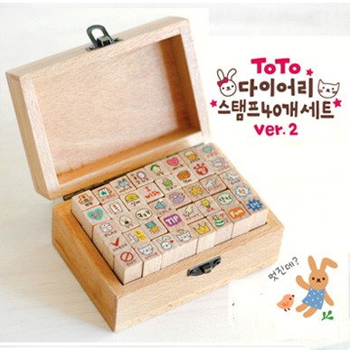韩国木质可爱兔子印章手帐装饰相册日记木盒装儿童奖励印章大合集 40枚入（兔子）