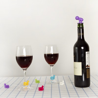 家用创意炫彩小人酒杯标记做记号识别器酒瓶塞红酒塞子真空密封塞（6+1套装）RB235