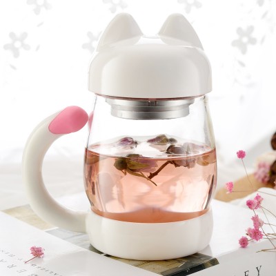 玻璃杯水杯花茶杯子带盖过滤女创意猫咪造型杯便携泡茶杯套装茶杯（420ml）