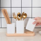 家用橡木底座餐具收纳盒套装厨房沥水式分格筷子笼勺子盒可拆分收纳格