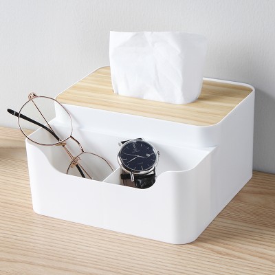 多格纸巾盒创意桌面木盖抽纸盒家用客厅茶几简约猫咪头多格木盖塑料遥控器收纳盒